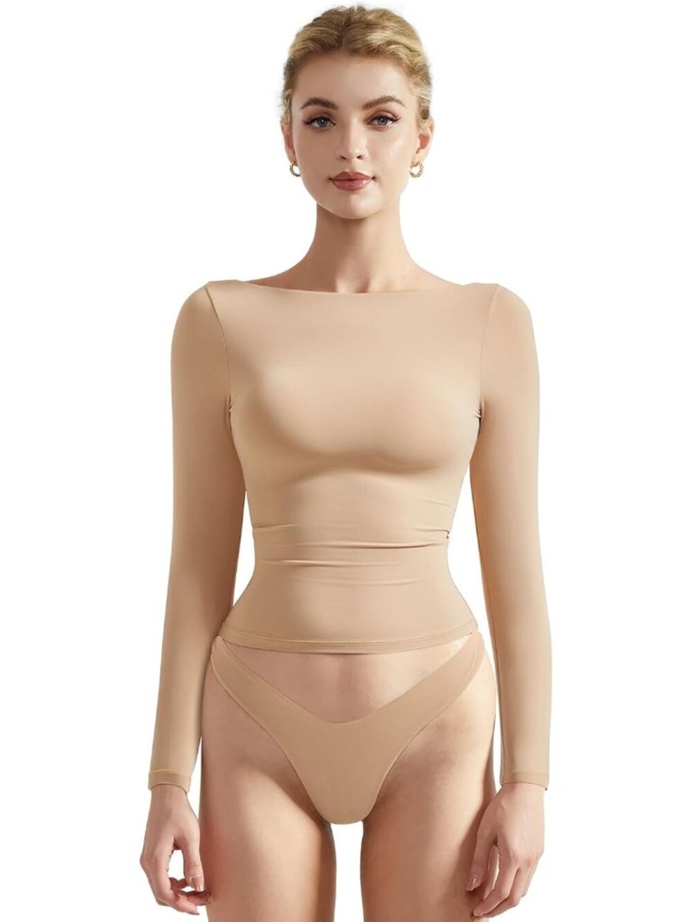 Women's Nude Crew Neck Long Sleeve Crop Top Double Lined Fitted Shirt